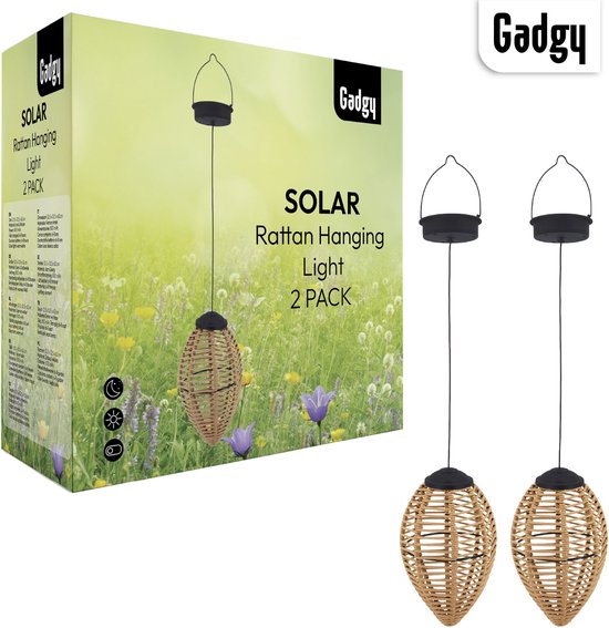Gadgy Solar Suspension Lights Outdoor - Set of 2 - Rattan Look - LED Solar Garden Lights - Warm Light - Splashproof - Solar-powered - Suspension Light Garden Decoration
