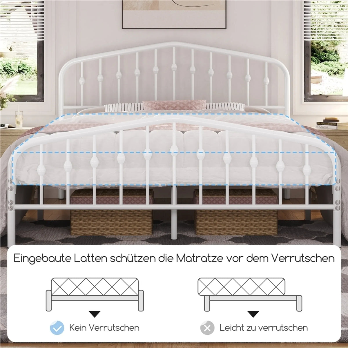 Lit classique en métal Yaheetech avec tête de lit haute 160 x 200 cm – Blanc – Métal