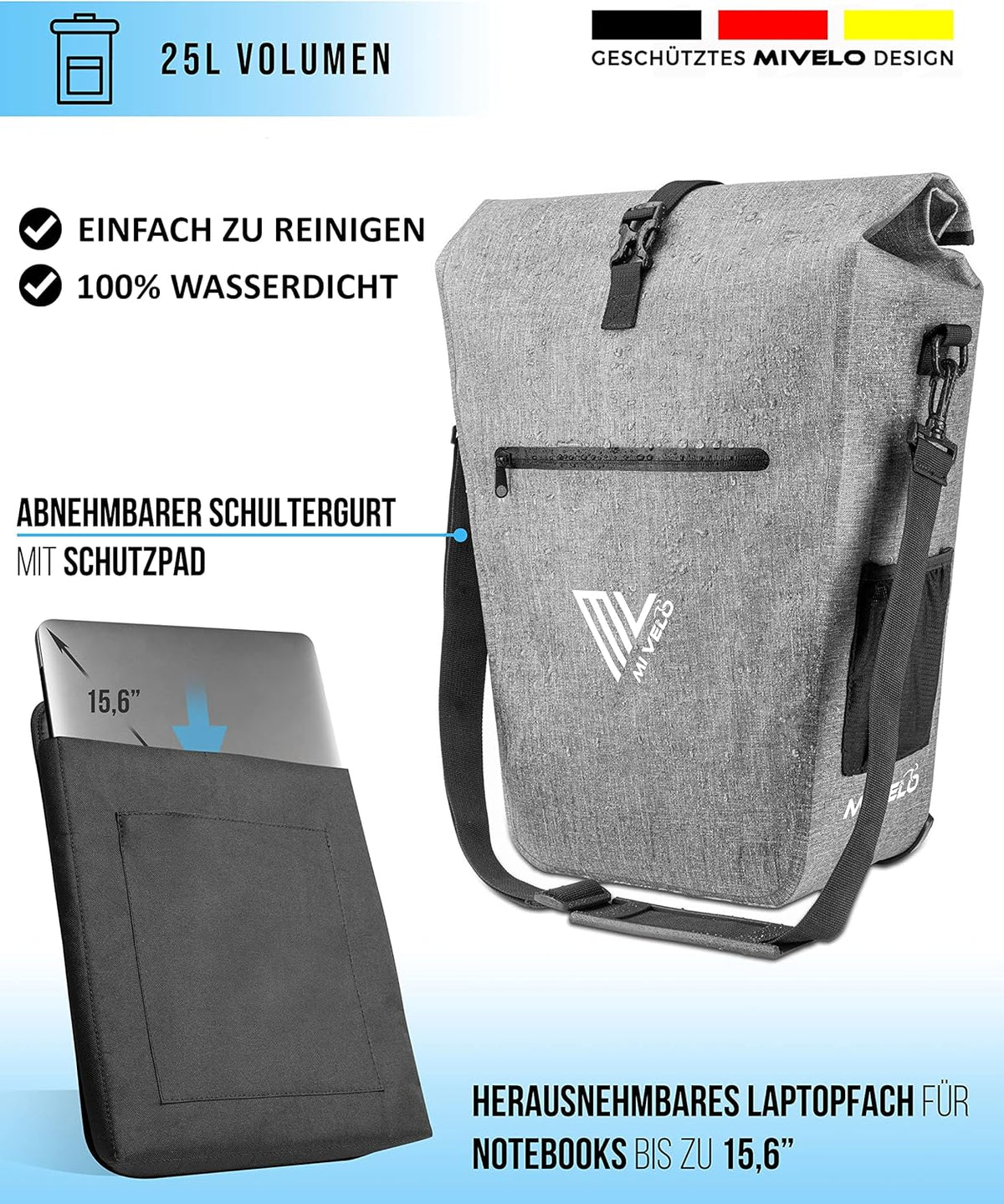 MIVELO Pannier - Étanche - 25L - Avec compartiment pour ordinateur portable et bandoulière - Gris