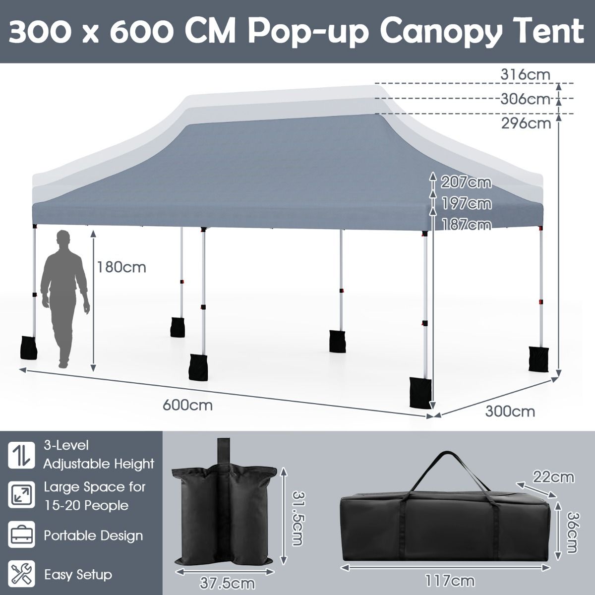 Tente de fête Coast pliable - extensible - imperméable - grise 300 x 600 cm