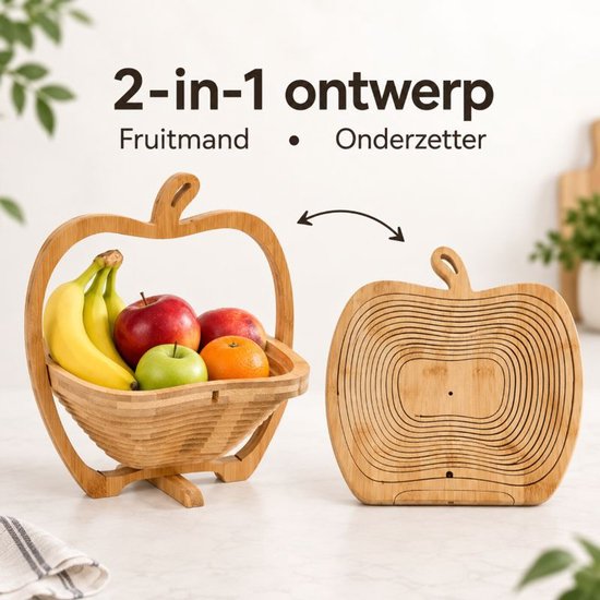 Panier à fruits pliable Ceruzo - Bambou - 27 x 22 x 30 cm - 2 en 1 - Panier à fruits et dessous de plat