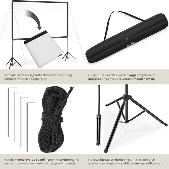 Écran de projection tectake® - 100 pouces (257 cm) - Écran de projection 16:9 avec double trépied - 4K HD - Enroulable - Extensible - Toile de projection - Écran de présentation - Home cinéma - Sac de transport inclus