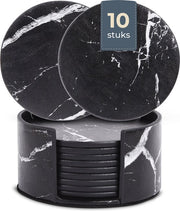 Castagnola Sous-verres en simili-cuir - Sous-verres pour verres - Sous-verres design avec support - Sous-verres en cuir - Cuir - Lot de 10 - Aspect marbré - Noir/Blanc