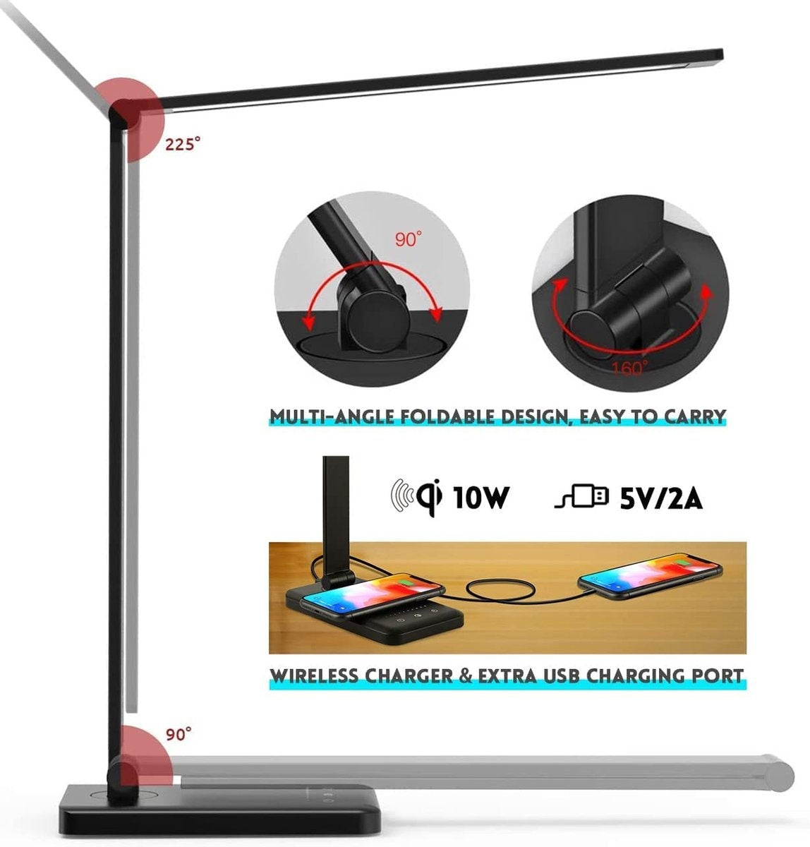 Fuegobird EK009 Lampe de bureau LED - Filaire - Chargement sans fil pour téléphone - Dimmable - Pliable - Smart Touch - Technologie Qi - Noir