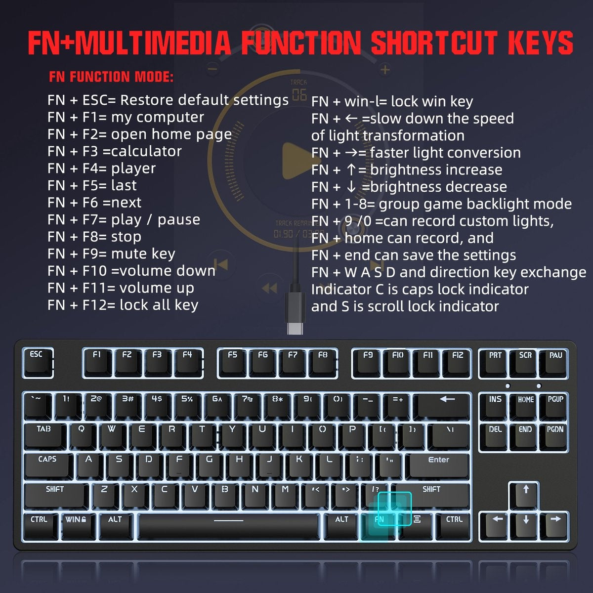 HXSJ L600 Clavier de jeu mécanique filaire - QWERTY - 87 touches - Interrupteur rouge - Noir