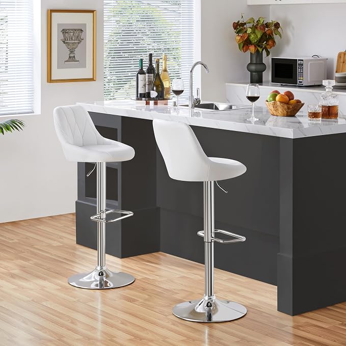 Tabouret de bar Yaheetech avec dossier et repose-pieds - Simili cuir - Réglable de 86 à 107,5 cm - 46 x 49 cm - Blanc