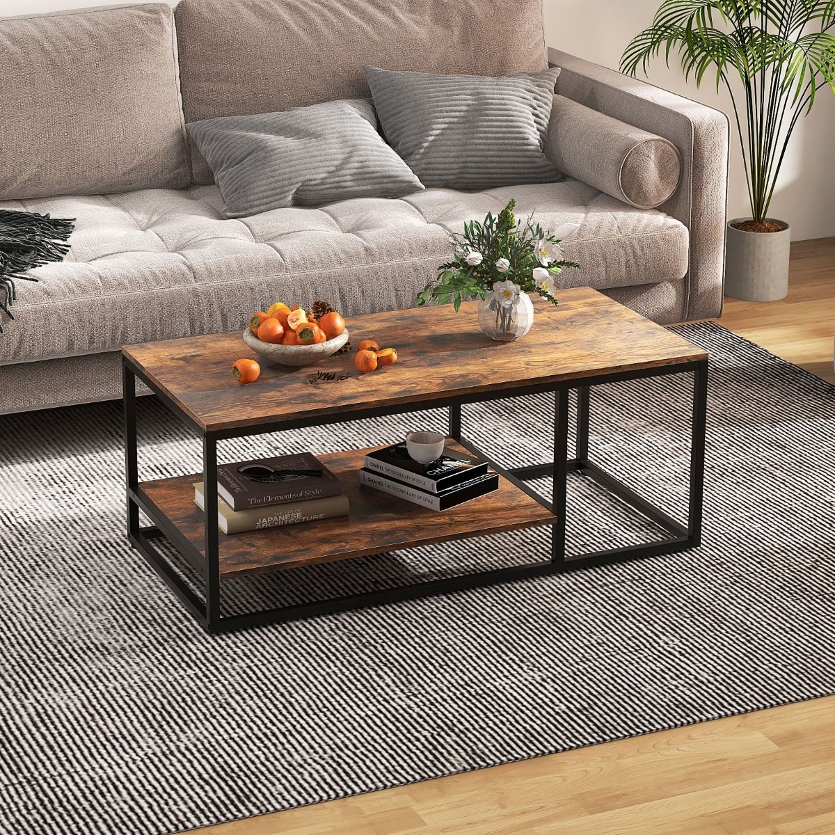 Table basse Coast - rectangulaire - 2 niveaux de rangement - marron rustique et noir - 105 x 50 x 42,5 cm