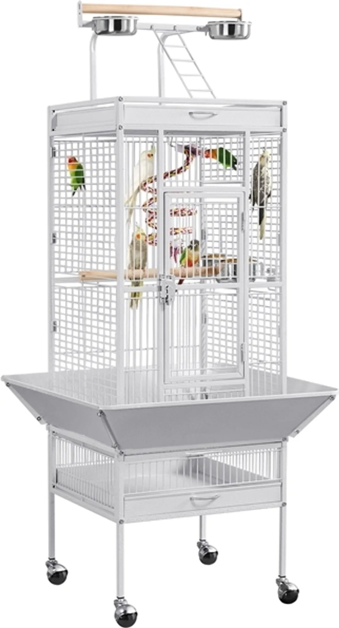 Yaheetech Cage pour perroquets avec plateau de jeu - équipée d'un collecteur de graines, de tiroirs à fumier extensibles et de portes d'alimentation - pour perruches et perroquets - fer blanc recouvert de poudre - 65,5 x 65,5 x 156 cm