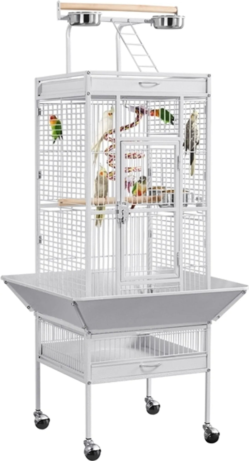 Yaheetech Cage pour perroquets avec plateau de jeu - équipée d'un collecteur de graines, de tiroirs à fumier extensibles et de portes d'alimentation - pour perruches et perroquets - fer blanc recouvert de poudre - 65,5 x 65,5 x 156 cm