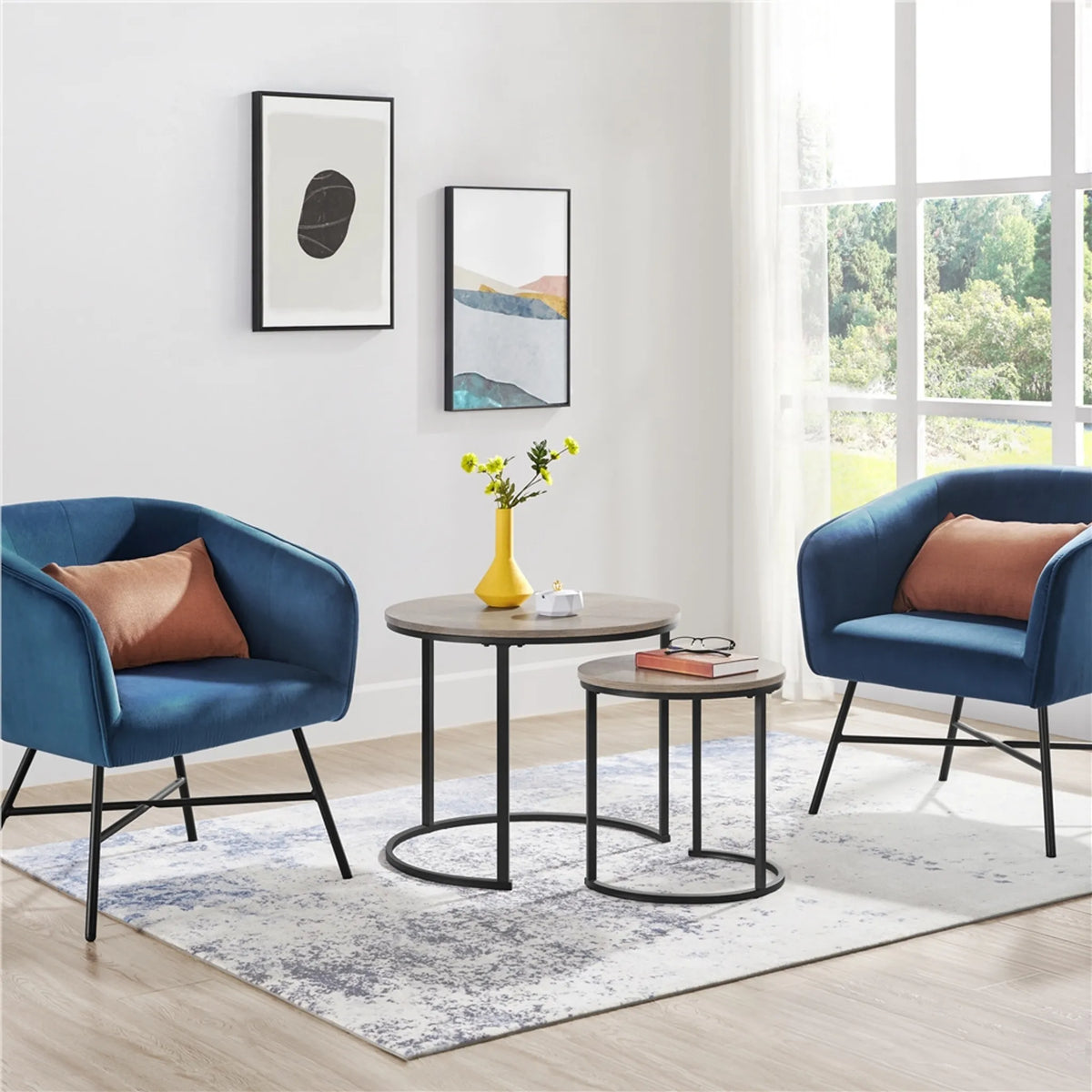 Lot de 2 tables d'appoint rondes Yaheetech – Dotées d'un système emboîtable, d'un plateau hydrofuge et d'un piètement en métal – Pour le salon et la chambre – MDF gris – 60 x 60 x 50,5 cm