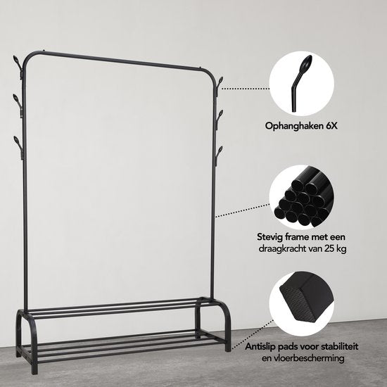 Brixy Rack à vêtements - Rack à penderies - 102x34x152cm - Rack à vêtements et à chaussures - Industriel - Métal - Noir