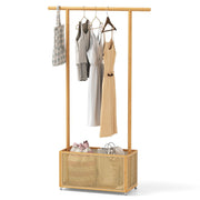 Porte-manteau Coast en bambou - avec panier de rangement et roulettes - couleur naturelle - 100 x 32,5 x 172 cm