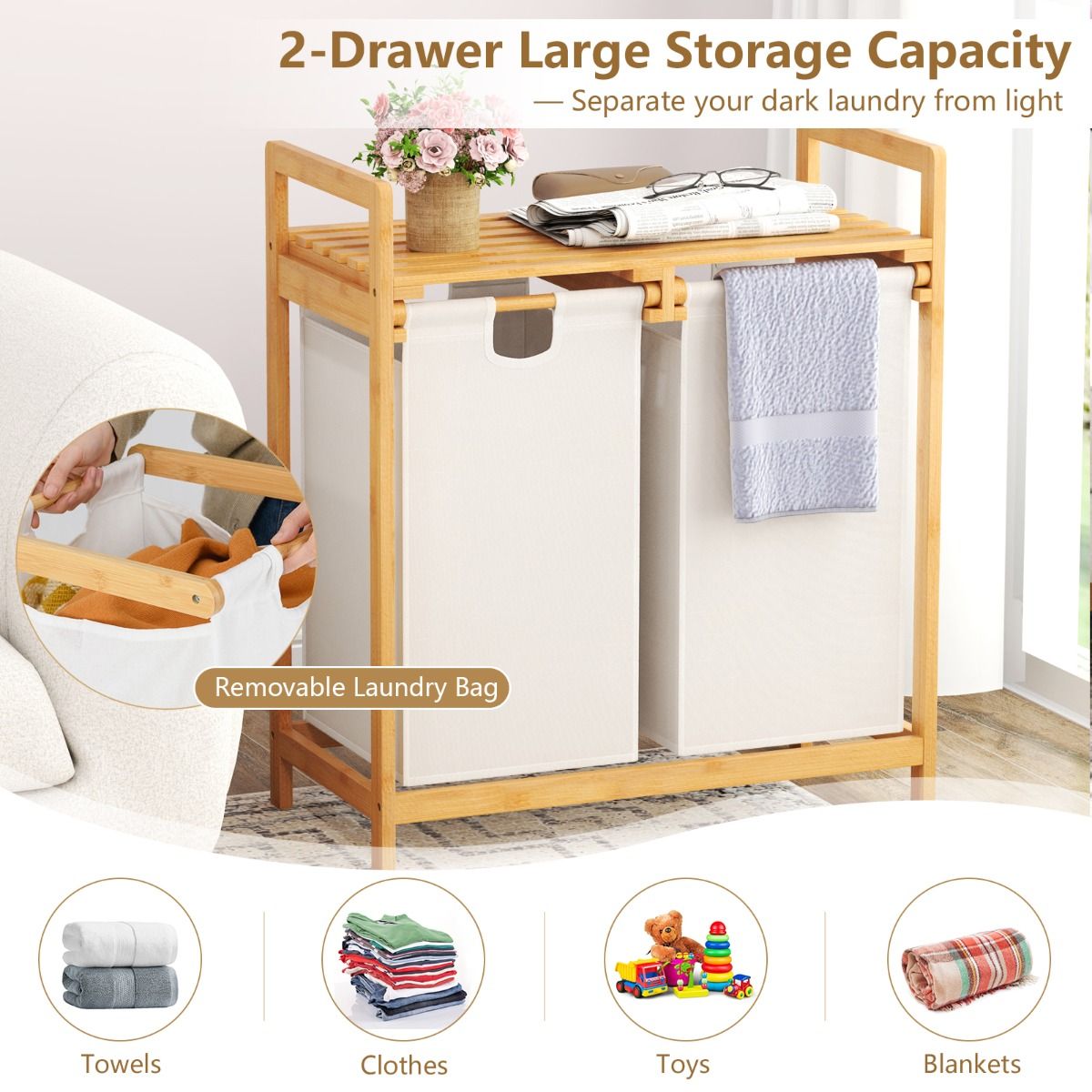 Coast Bamboo Laundry Basket 2-Section 64x33x73cm with Two Removable Laundry Bags, Top Shelf, Natural/White (Panier à linge en bambou à 2 sections 64x33x73cm avec deux sacs à linge amovibles, étagère supérieure, naturel/blanc)
