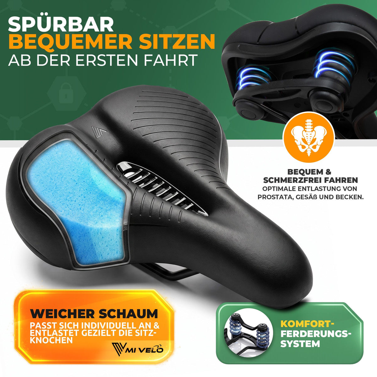 Selle de vélo large Mivelo Como - Mousse confort 3D et double suspension - Pour femmes et hommes