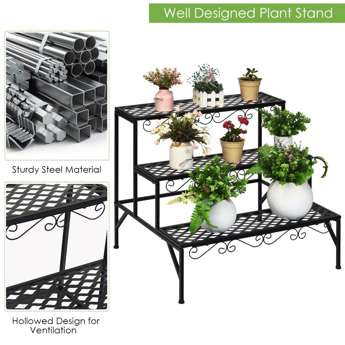 Étagère à plantes Coast à trois niveaux - Support à fleurs en métal - Étagère à plantes sur pied - Noir - 70 x 60 x 60,5 cm