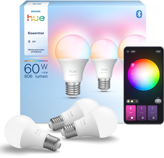 Ampoule LED Philips Hue Essential - culot E27 - lot de 3 ampoules - lumière blanche et colorée réglable - forme standard - éclairage connecté
