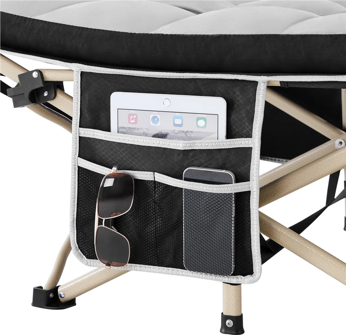 Yaheetech Camping Bed Foldable - Equipé d'un matelas confortable et d'un sac de transport pratique et de compartiments latéraux - Pour le camping et les chambres d'hôtes - Métal noir et tissu 600D Oxford - 191 x 67 x 56 cm
