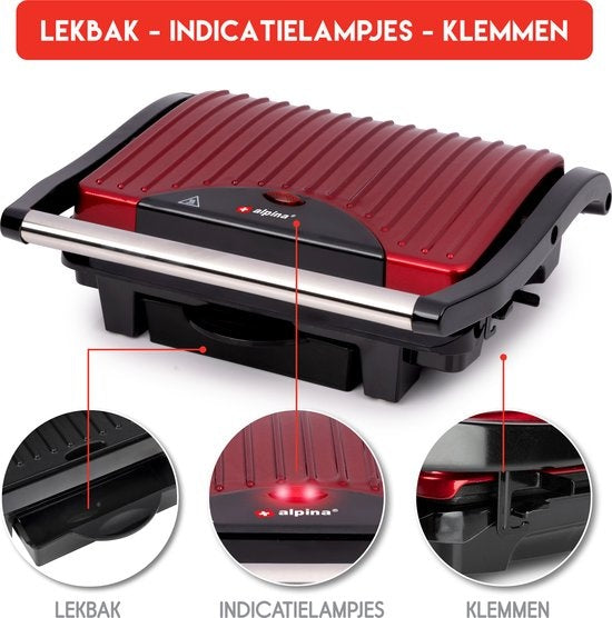 Grill de contact - alpina - Antiadhésif - 1000W - Noir/Rouge