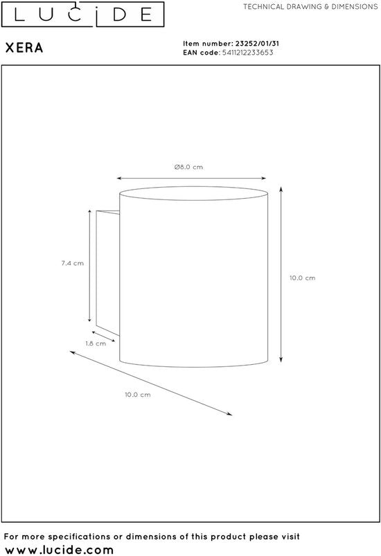 Lucide XERA - Applique murale - Ø 8 cm - 1xG9 - Blanc