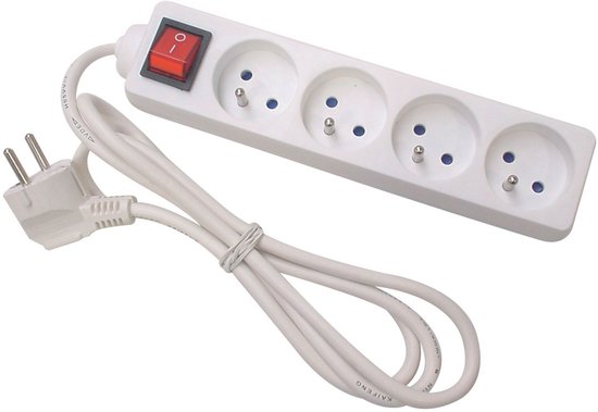 Multiprise Perel avec interrupteur, 4 prises avec broche de terre (type E), câble de 3 m, 3G1,5, usage intérieur, blanc