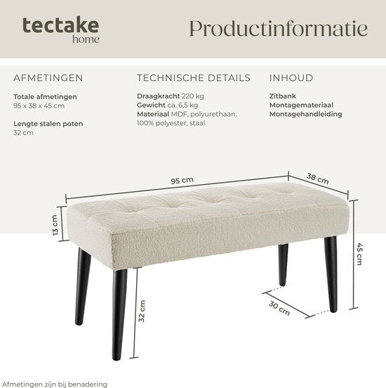 Banc rembourré tectake® - 95 x 38 x 45 cm - Motif de surpiqûres - Capacité de charge : 220 kg - Banc d'assise - Banc d'entrée - Banc pour salon, chambre à coucher, couloir - Bouclé crème