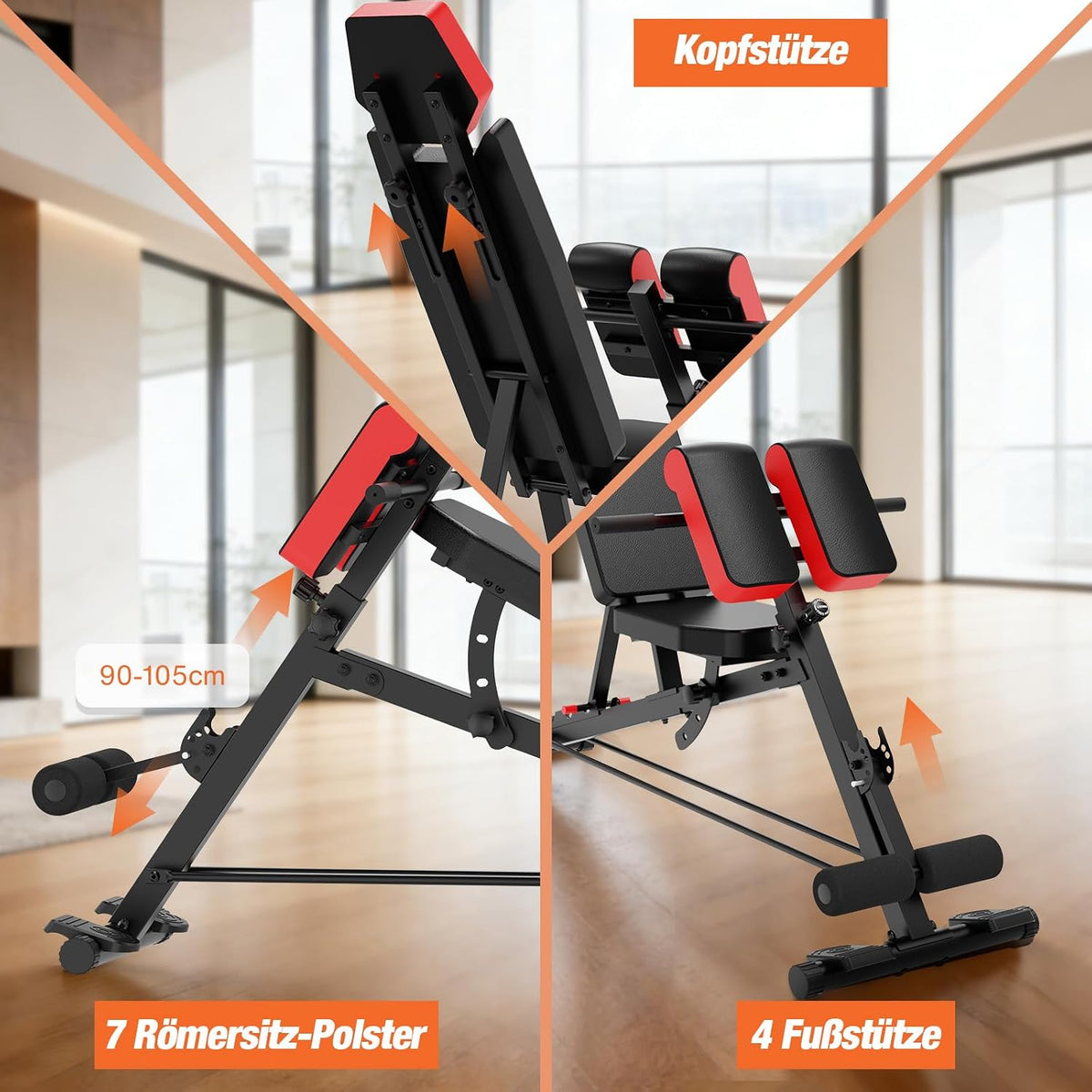 Banc de musculation DH FitLife 6-en-1 - Dossier réglable - Hyperextension et Nordic Curl - Jusqu'à 350 kg - 163 x 50 x 130 cm - Noir