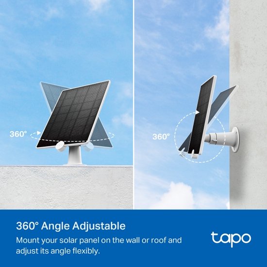 Panneau solaire TP-Link Tapo A200 - Conçu pour les caméras Tapo à batterie - Puissance de charge de 4,5 W - Indice de protection IP65 (résistant aux intempéries) - Câble de 4 m - Rotation à 360 degrés