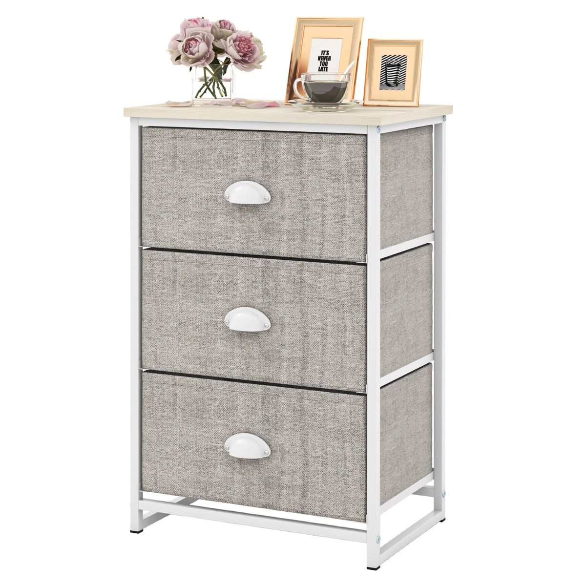 Commode Coast à 3 tiroirs - Meuble de rangement avec tiroirs rabattables - Structure métallique - Blanc et gris clair
