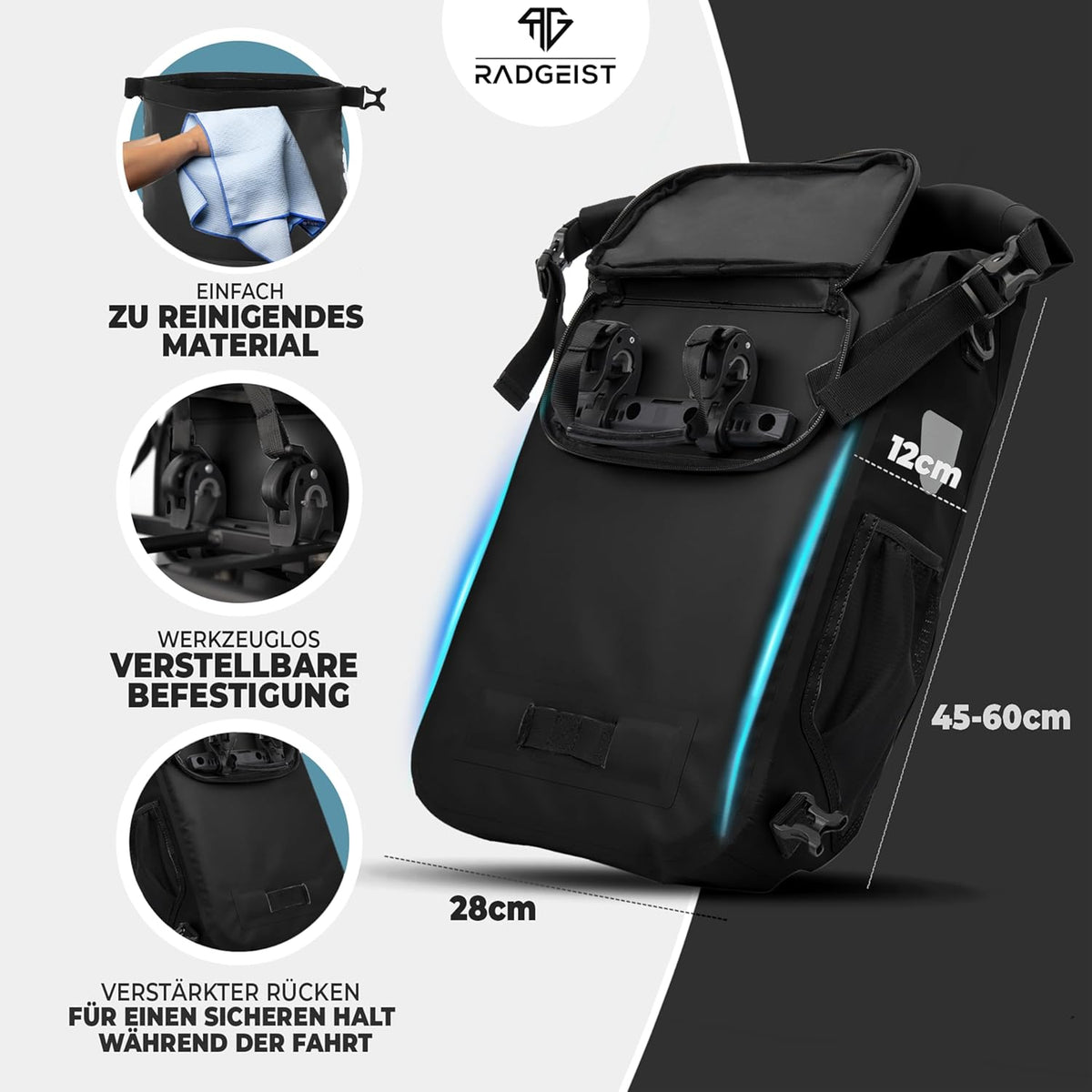RADGEIST 3in1 bike bag for carrier I sac à vélo, sac à dos et sac à bandoulière 18-22L I sac pour vélo 100% étanche noir