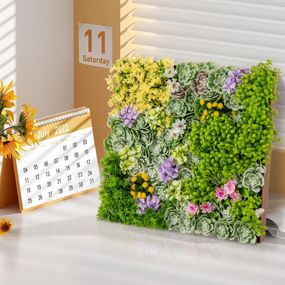 Panneaux muraux Coast avec plantes artificielles - lot de 2 - haie artificielle en 3D - mélange de 10 variétés de plantes - 50 x 50 cm - vert et marron