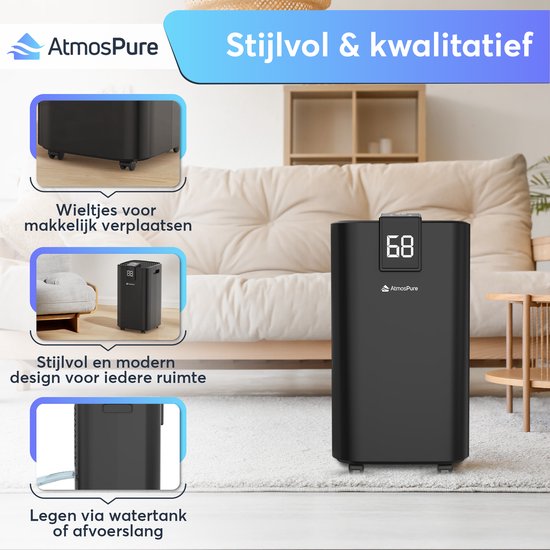 Déshumidificateur AtmosPure® AirDry Elite - 12 L par jour - Fonction « lavage-séchage » - Purificateur d'air idéal pour la buanderie, la salle de bains, le salon et la cave - Noir - Déshumidificateur
