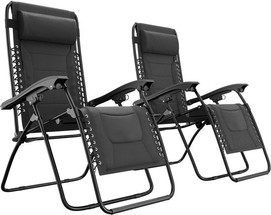 LifeGoods - Lot de 2 chaises longues - 30°-90° réglable - 150 kg max - Support pour gobelets et téléphone - Noir