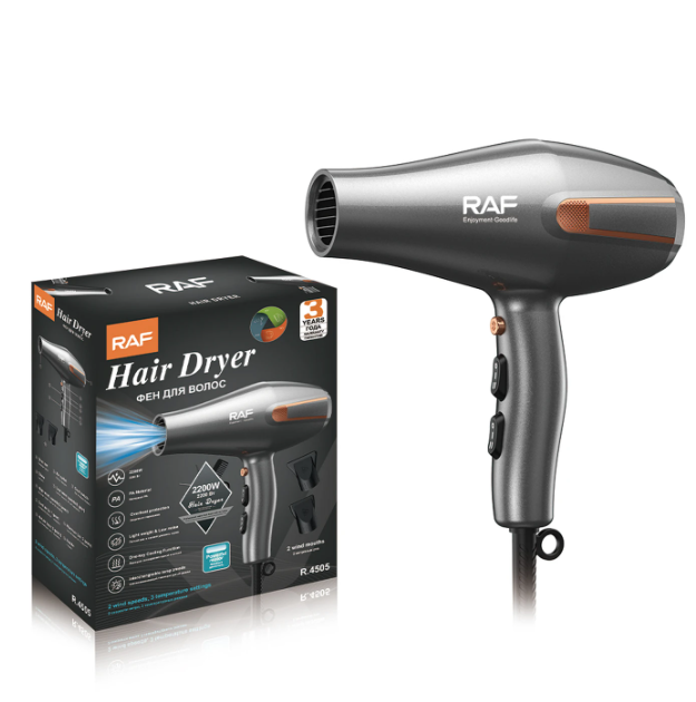 Sèche-cheveux professionnel RAF R.4505 - Noir - 2 200 W - Silencieux, air froid, 2 embouts