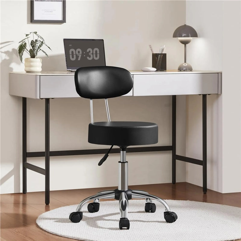 Yaheetech Tabouret de maquillage - 52 x 44,5 x 75,5-85 cm - équipé d'un coussin d'assise de 10 cm d'épaisseur et d'une rotation à 360° et d'une structure en métal chromé - pour salon et coiffeuse - simili cuir noir et métal