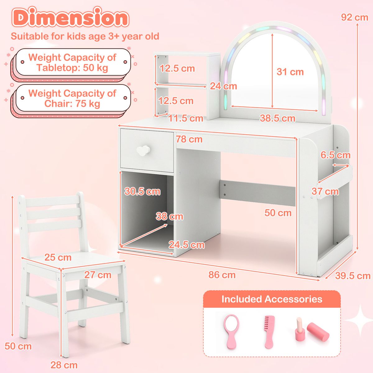 Coast : coiffeuse pour enfant avec chaise - miroir éclairé - espace de rangement - rose et blanc