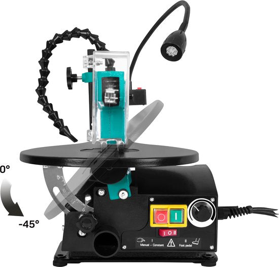 VONROC Scie circulaire 120W - avec pédale - Lampe de travail LED - Souffleur de poussière flexible - 6 lames de scie incluses