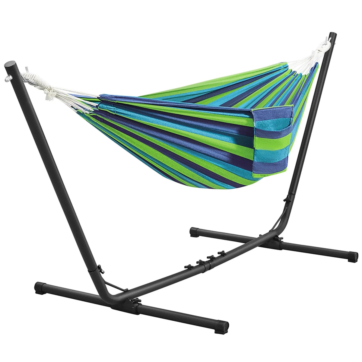 Hamac de camping Yaheetech avec armature en acier – 294/304/314 cm – Rayures bleu-vert – Capacité de charge de 205 kg