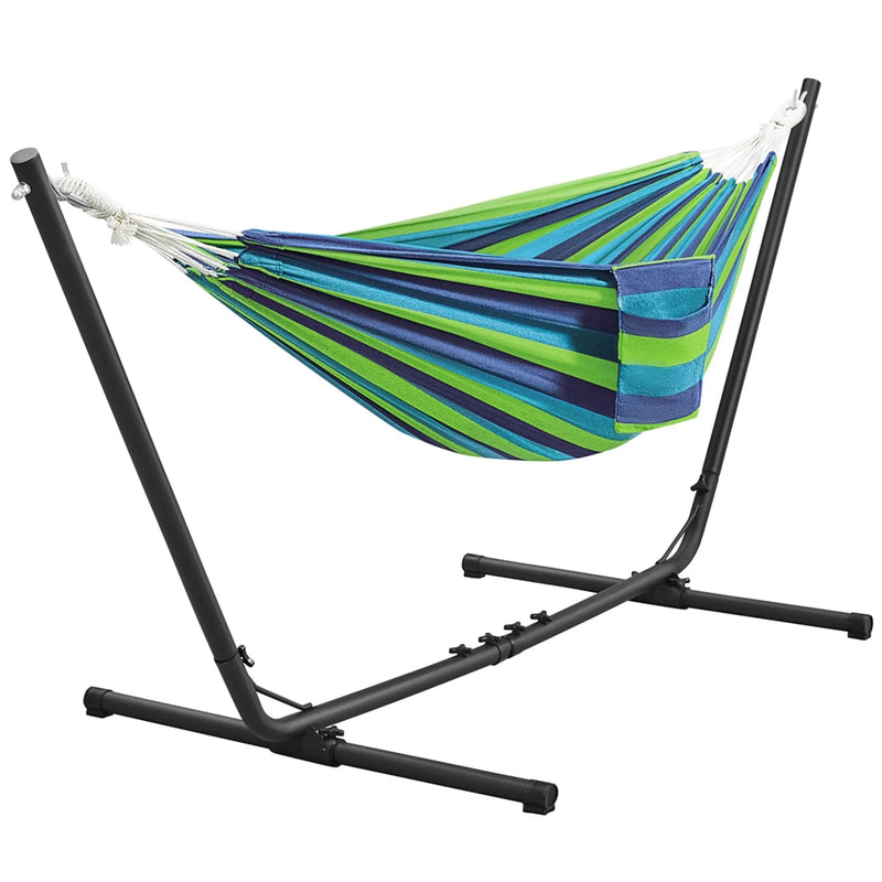 Hamac de camping Yaheetech avec armature en acier – 294/304/314 cm – Rayures bleu-vert – Capacité de charge de 205 kg