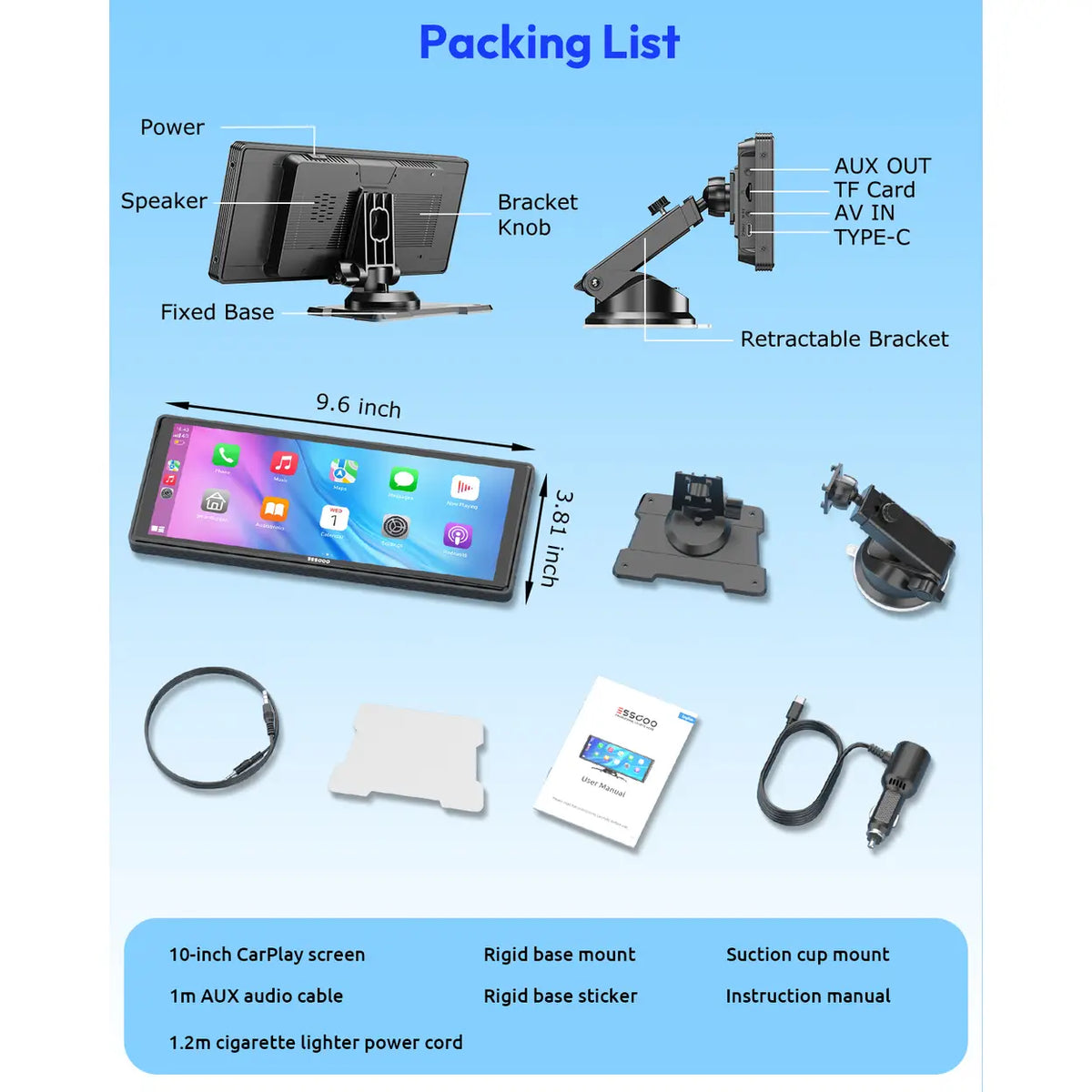 Écran CarPlay portable ESSGOO 10,26 pouces - sans fil
