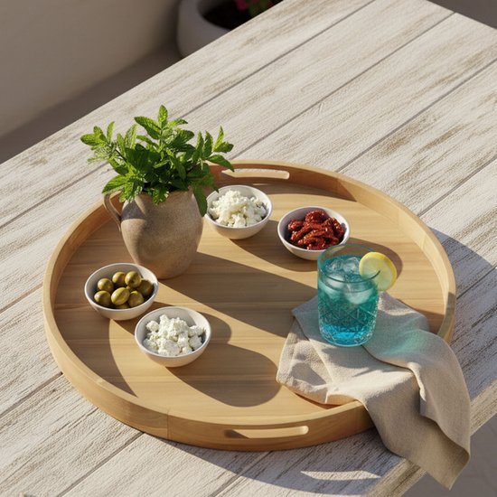 Plateau AXI Dewi en teck Ø 80 cm – Plateau rond – Teck – Pour verres et décoration de table – Pour l'intérieur et l'extérieur