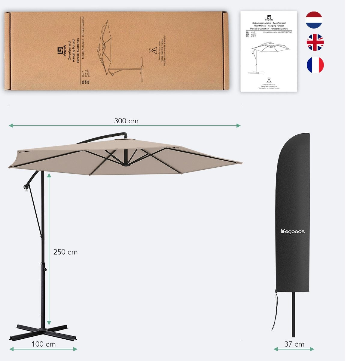 LifeGoods Parasol flottant - jusqu'à 8 personnes - Ø300cm - imperméable - avec housse et base en croix - jardin ou plage - Crème