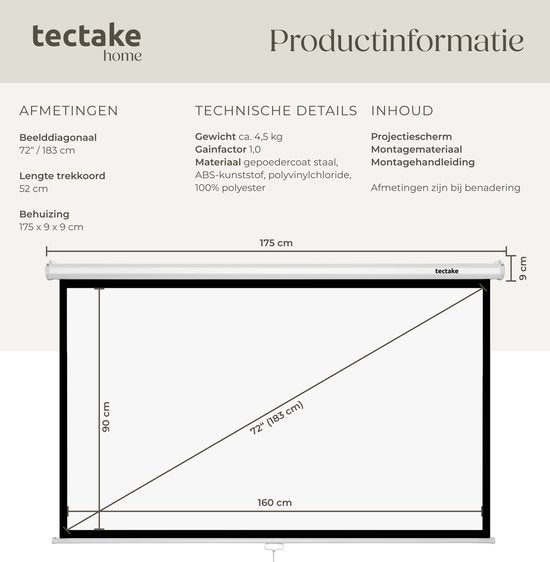 Écran de projection tectake® - 72 pouces (183 cm) - Écran de projection 16:9 - Fixation murale ou au plafond - 4K HD - Enroulable - Déployable - Toile de projection - Écran de présentation - Home cinéma - Matériel de fixation inclus