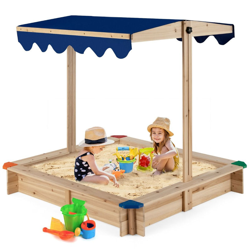 Bac à sable en bois Coast avec auvent réglable - sans fond - coin salon - bleu - 121 x 121 x 120 cm