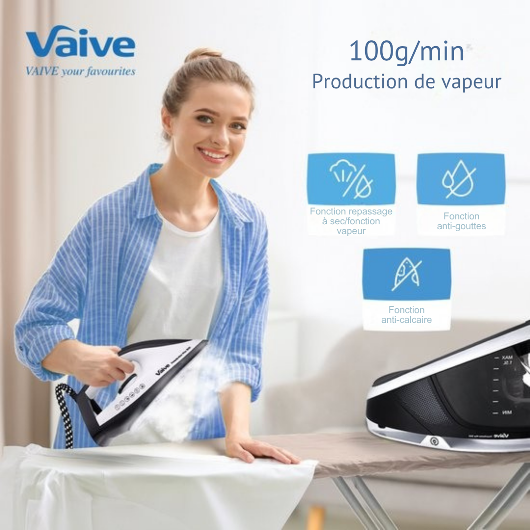 Fer à vapeur VAIVE - 3100W - Réservoir d'eau de 1,5 L - Cordon d'1,9 m - Noir/blanc