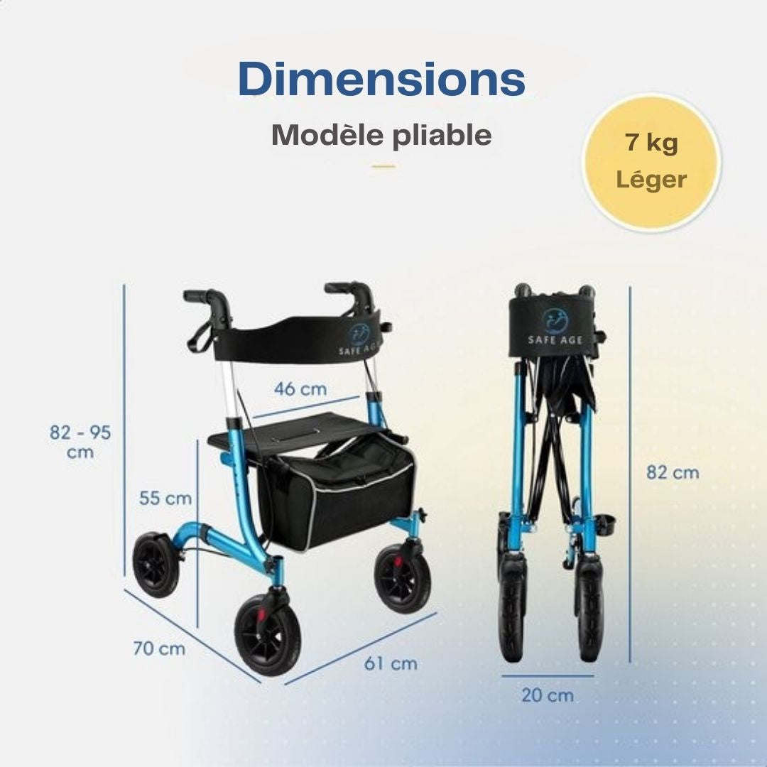 Déambulateur SafeLife pliable avec fonction siège - pour usage intérieur et extérieur - 61CM x 70CM x 82-95CM - Bleu