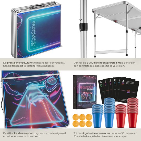 tectake® Table de Beer Pong - Avec décorations de fête - Eclairage LED - Table de Beer Pong réglable en hauteur et pliable - Jeu de boisson avec accessoires - 100x gobelets en plastique, 6x balles de ping pong, Jeu de cartes avec cartes