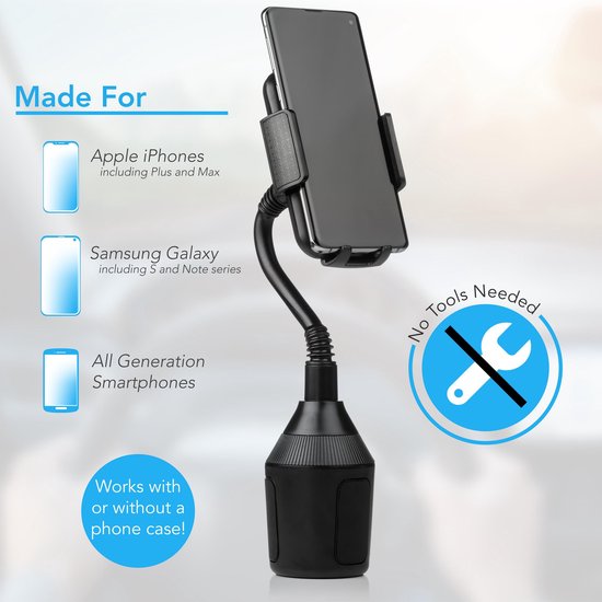 Bintoi® T200 - Supports de téléphone Accessoires de voiture - Support de téléphone GSM pour voiture - Support de gobelet pour voiture - Support de téléphone GSM avec prise solide - iPhone/Samsung/Huawei/Oneplus - Cadeau