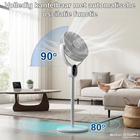 Ventilateur sur pied Eriksson - Silencieux et puissant 45 W - 8 vitesses - Réglable - Ventilateur sur pied - Gris