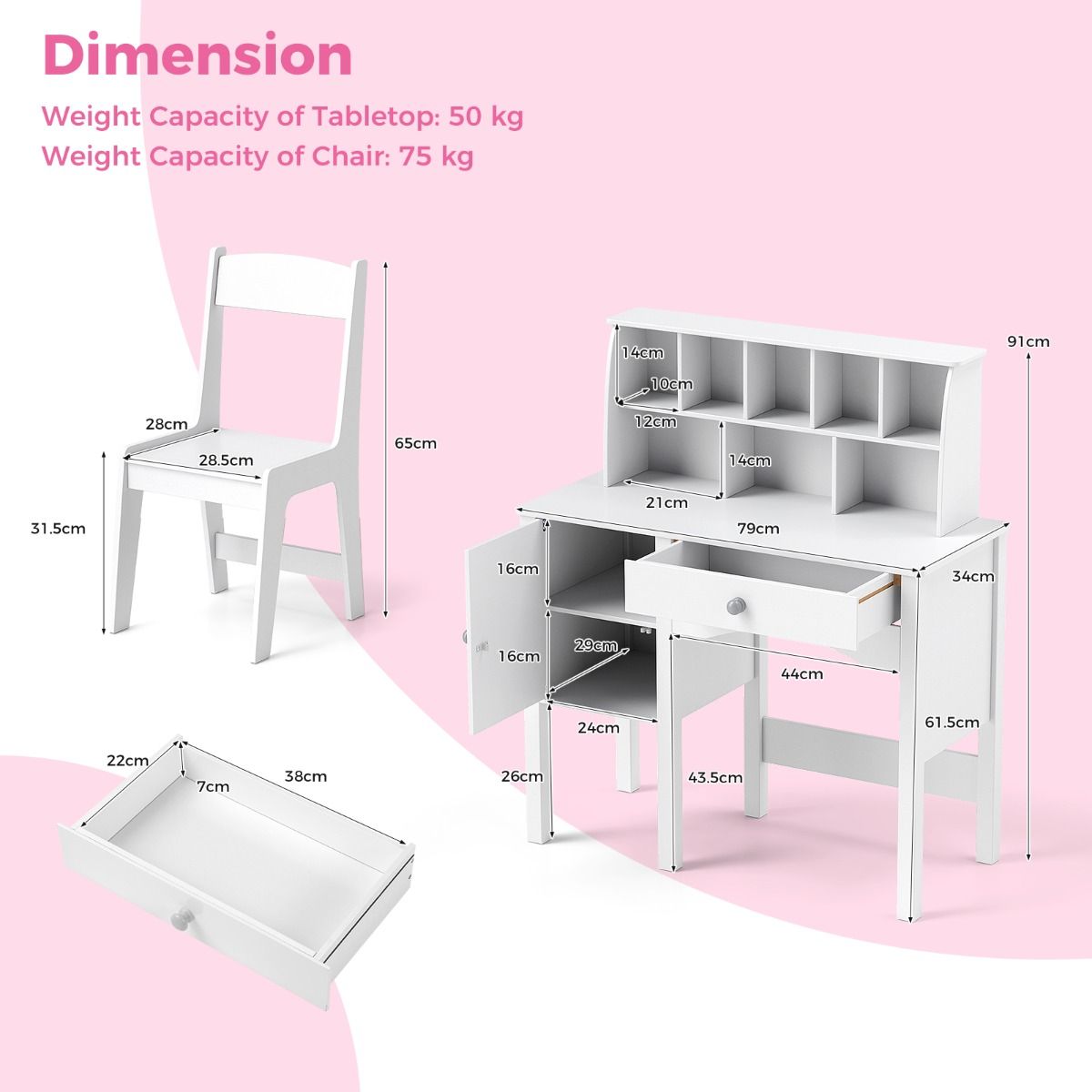 Bureau pour enfant Coast avec chaise - nombreux rangements - dispositif anti-basculement - blanc