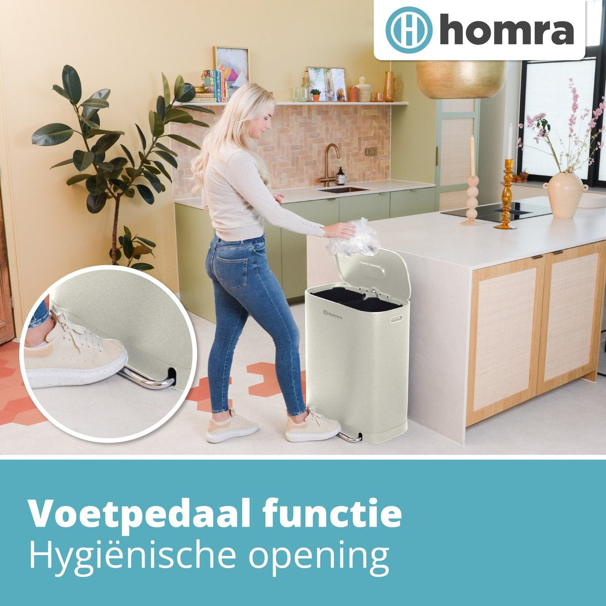 Poubelle Homra Rockx 60 Litres - Duo Poubelle à Pédale 2 x 30L avec Filtre à Odeurs - Poubelle de Tri en Inox à 2 Compartiments - Poubelle de Recyclage - Poubelle de Cuisine pour le Tri des Déchets - Double Poubelle Blanc Crème